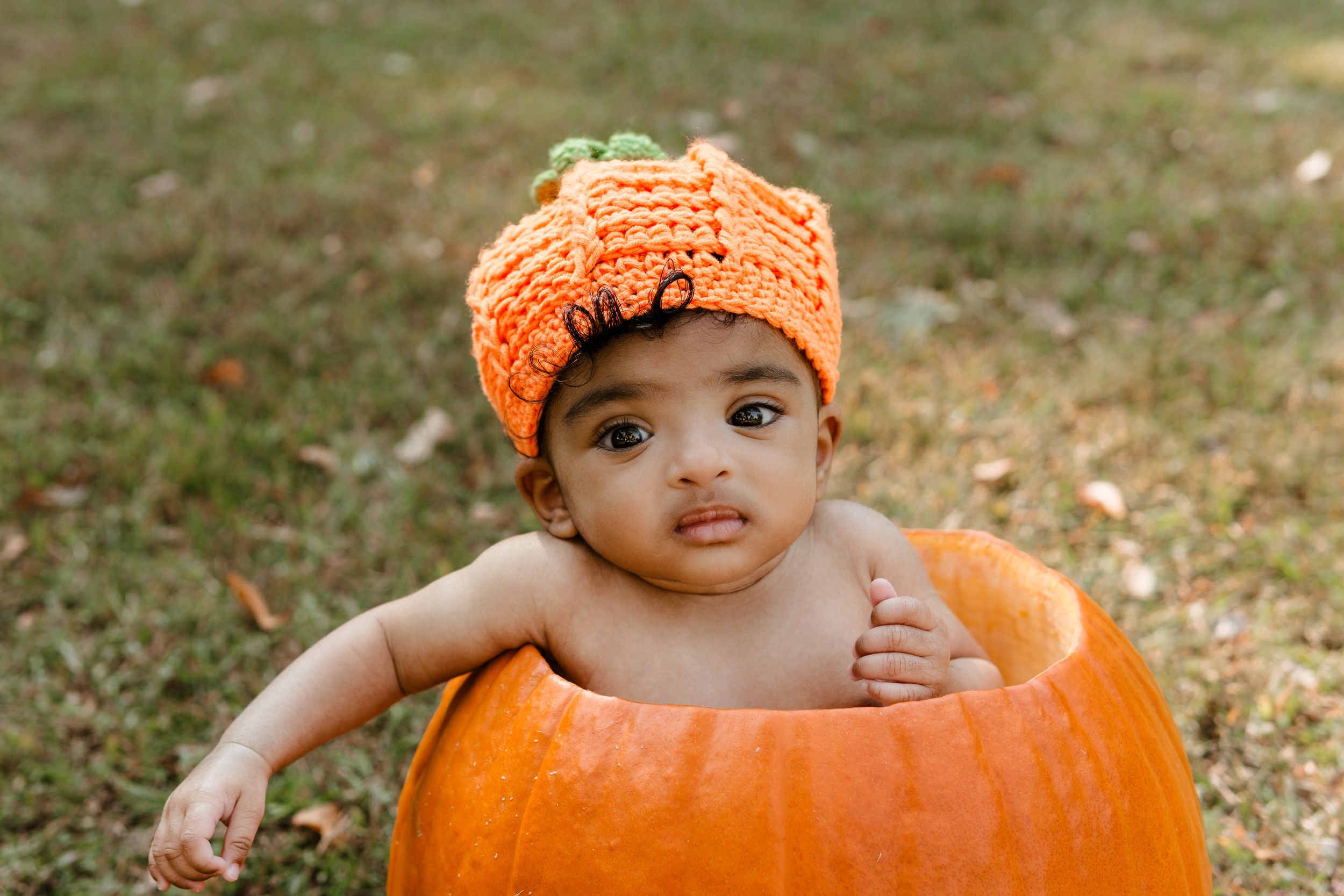 Adorable baby sitting inside a large pumpkin wearing an orange crochet pumpkin hat outdoors in fall.