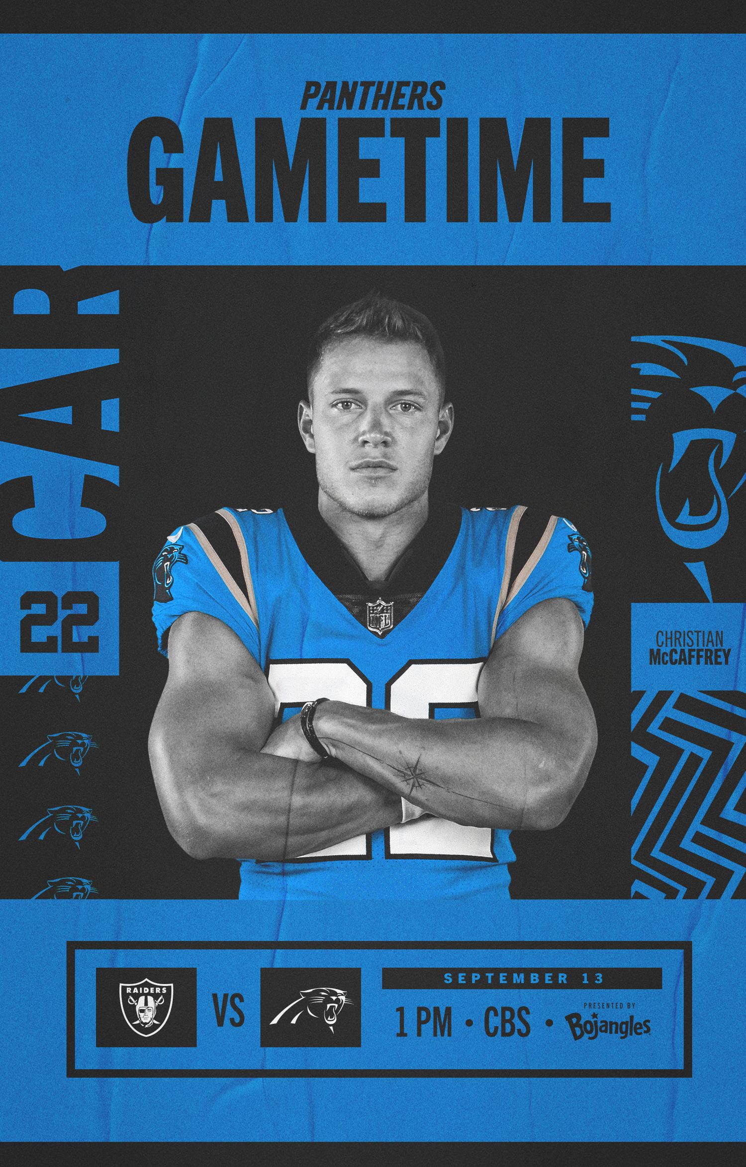 Carolina Panthers Gametime graphic featuring Christian McCaffrey #22 vs Raiders, September 13, 1PM on CBS.