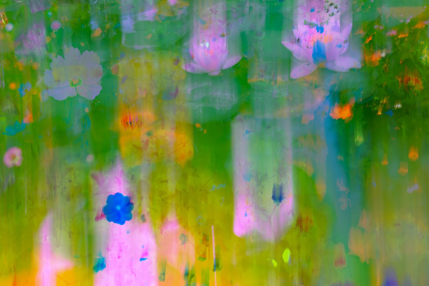 Abstract painting with vibrant green, pink, blue, and yellow watercolor brushstrokes creating a colorful floral pattern.