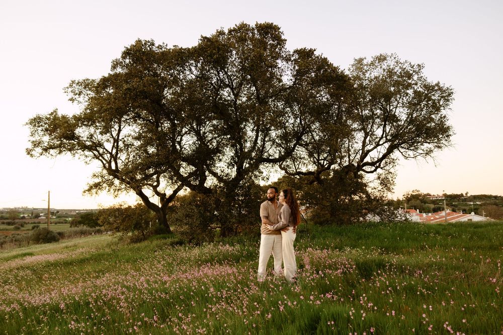 Couple embracing in a wildflower meadow at sunset with a large oak tree backdrop.