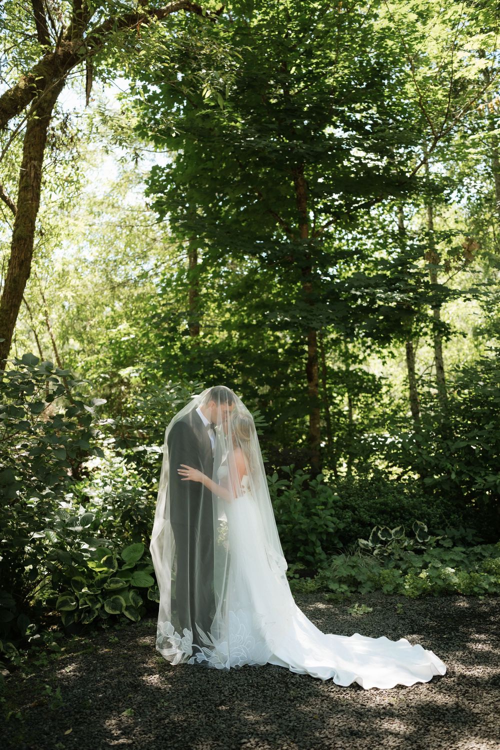 Bride and groom share a kiss under a flowing veil in a lush green garden setting on their wedding day.