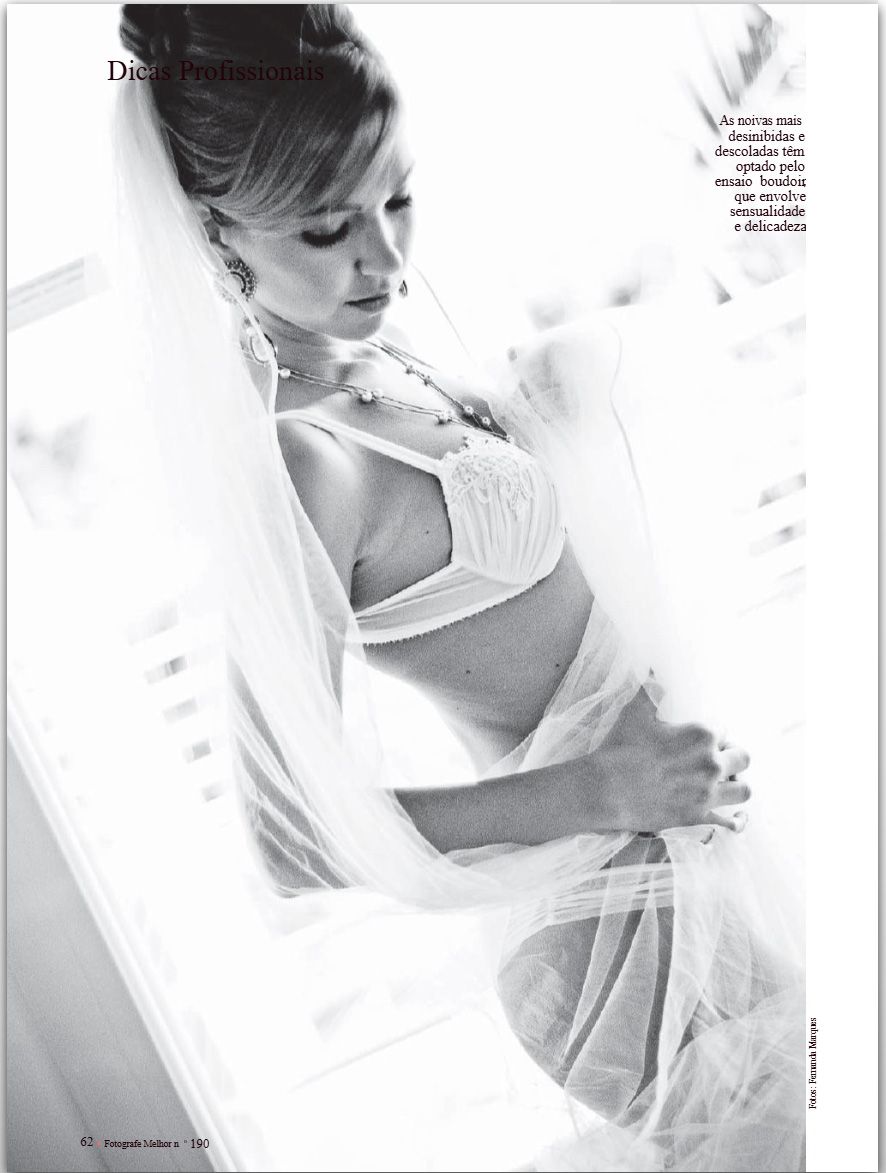 Black and white bridal lingerie editorial featuring a woman in white lace bra and veil posing by a window.