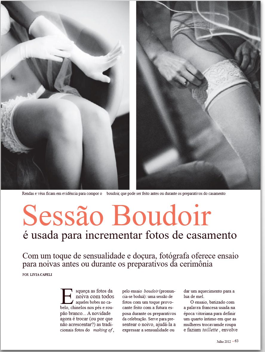 Magazine article titled Sessao Boudoir featuring sensual boudoir photography tips for brides before wedding ceremonies.