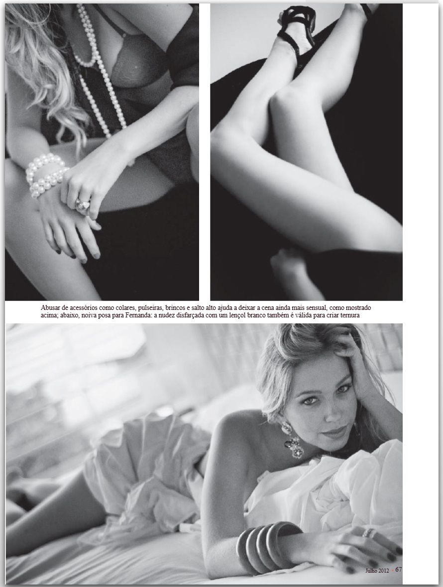 Black and white magazine spread featuring a blonde woman in lingerie and jewelry posing in three glamorous editorial shots.