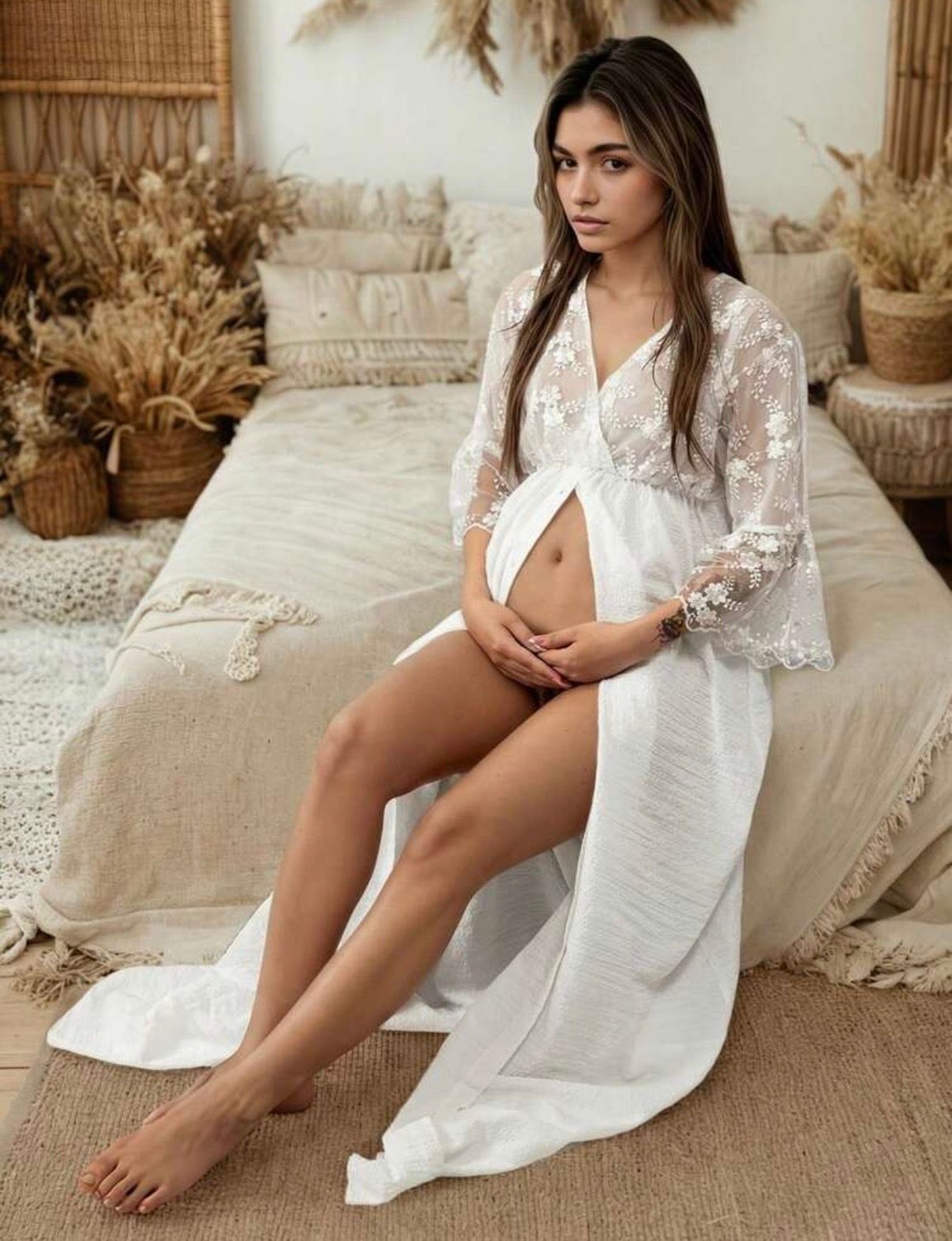 Pregnant woman in white lace maternity robe sitting on bed in boho bedroom with dried pampas grass decor.