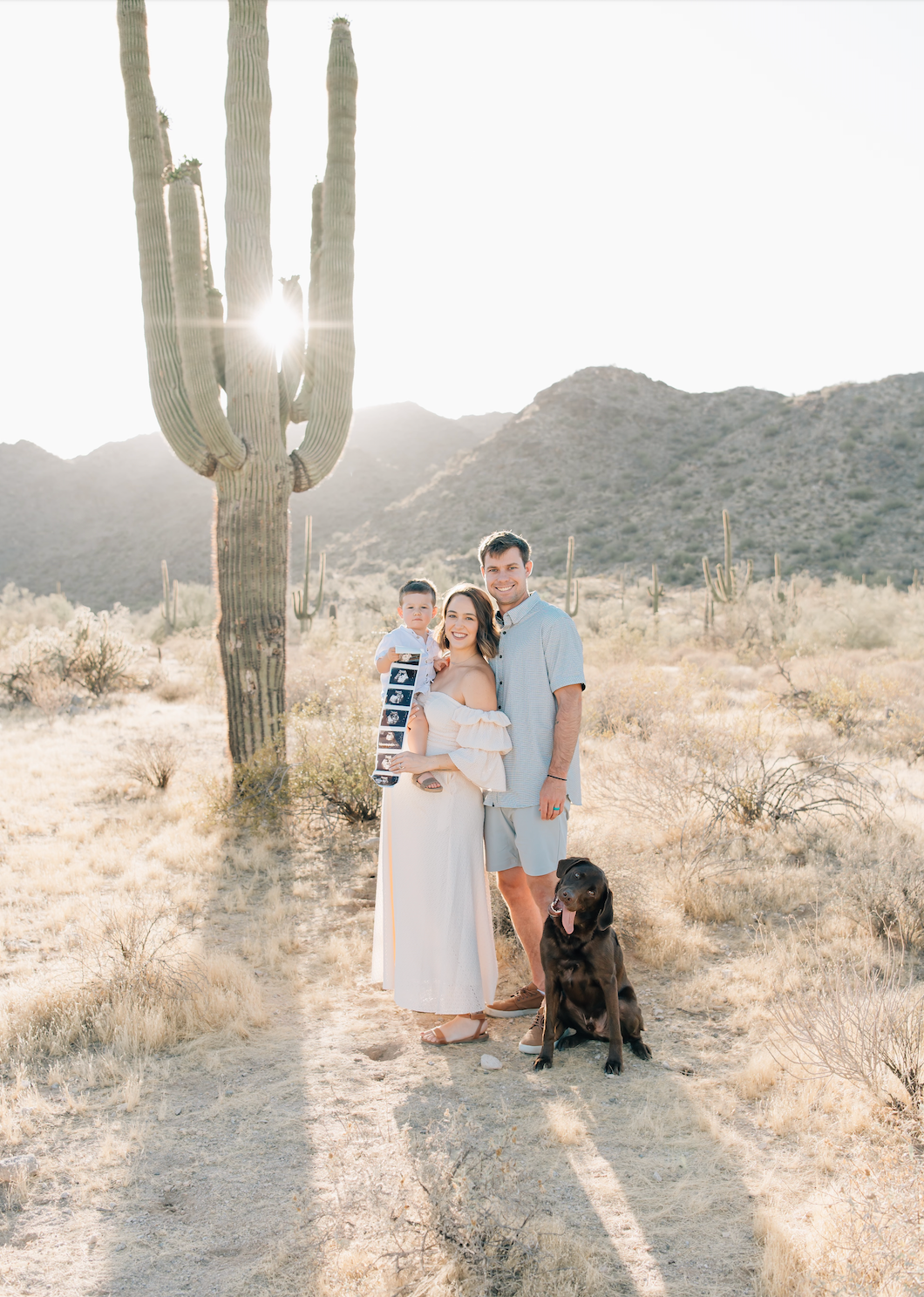 Outdoor family portrait with their dog in the Arizona desert near Peoria at sunset.