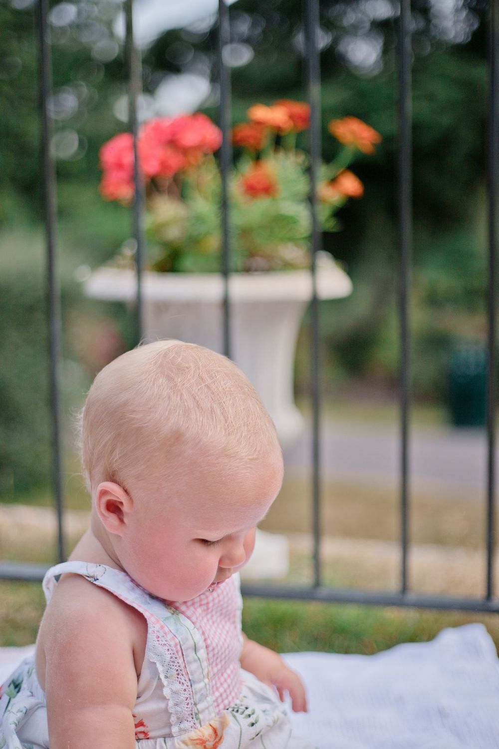 Cute baby in floral outfit looking down outdoors with blurred flowers and iron fence behind.