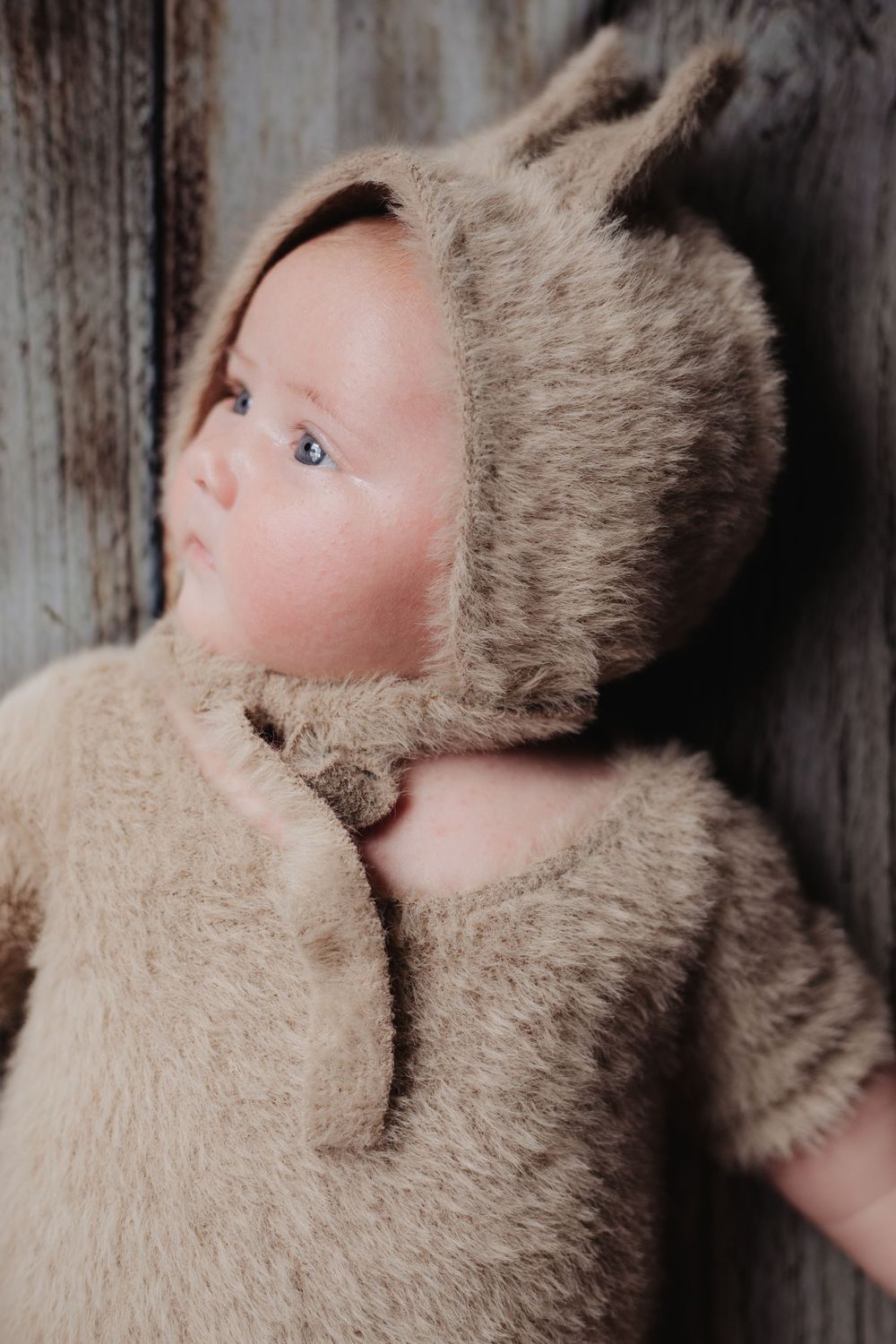Newborn baby in brown fuzzy bear bonnet and outfit looking up against wooden backdrop.