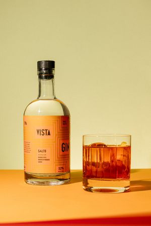 Vista Gin Salto bottle at 52% alcohol beside an amber cocktail on ice, set on an orange surface.
