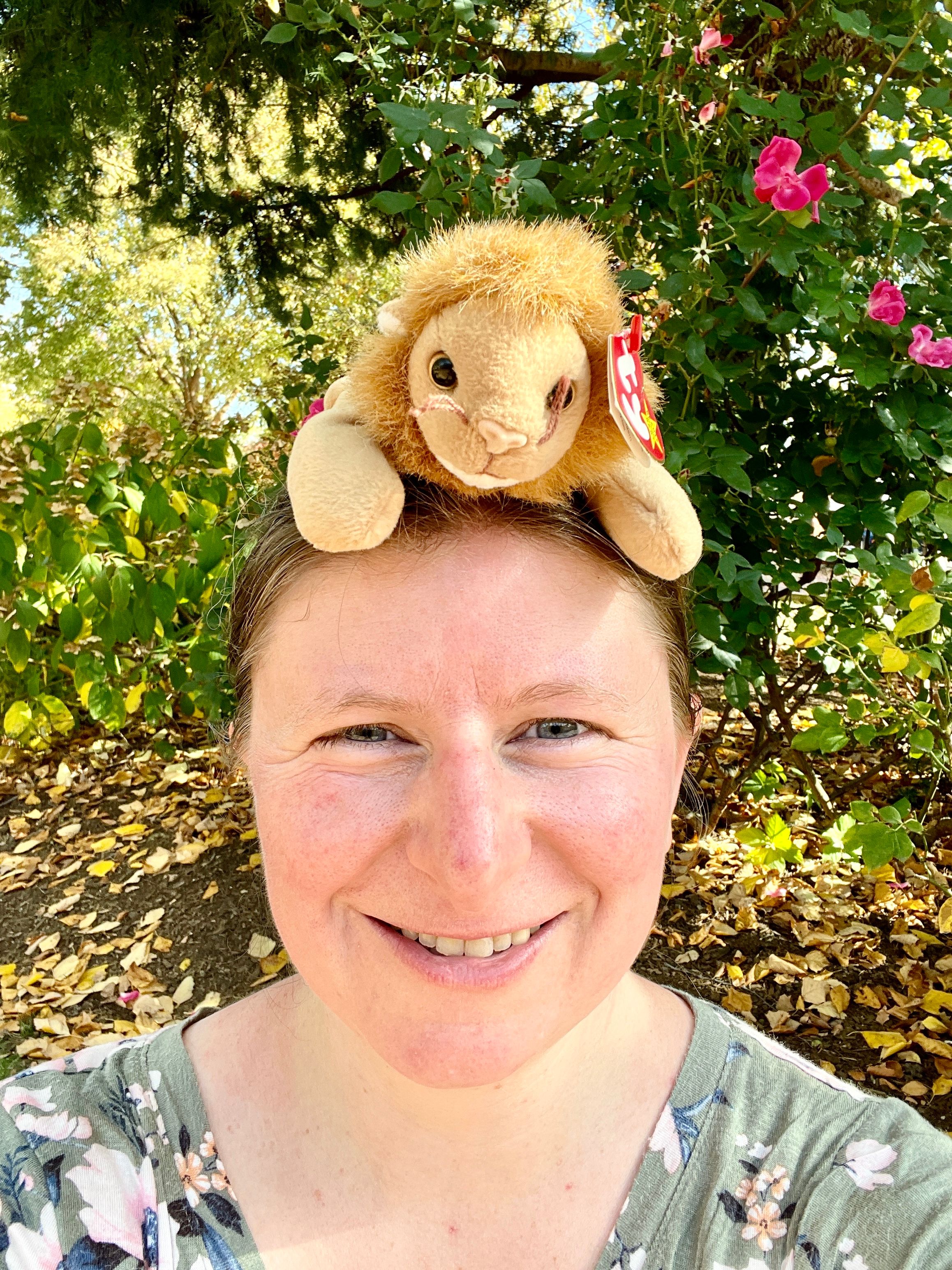Sarah with a beanie baby on her head: Leo the Lion entertains kids at family sessions