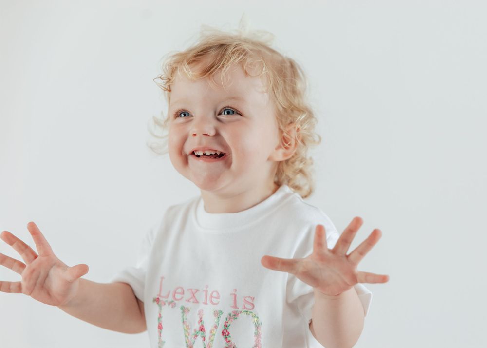 Sequence of expressive toddler portraits against white studio background.