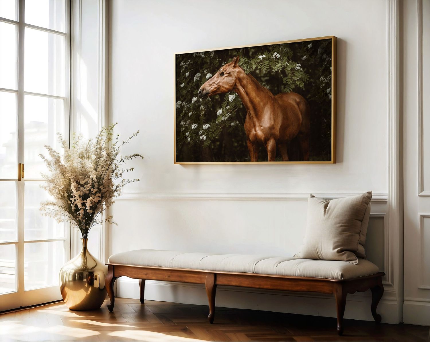 Elegant living room with horse artwork, wooden bench, and dried floral arrangement.