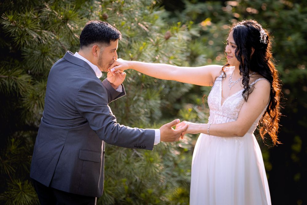 Groom in gray suit kissing bride's hand while holding her other hand outdoors near evergreen trees.