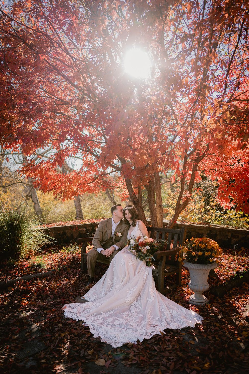 sun shines through bright red leaves over the bench where bride and groom are snuggling in