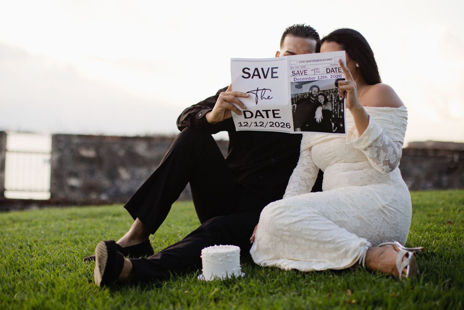 Romantic evening photo of couple illuminated by soft blue light at sunset.