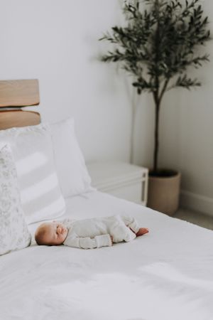 A white bed with soft linens and a small potted tree in the background creates a serene nursery setting.
