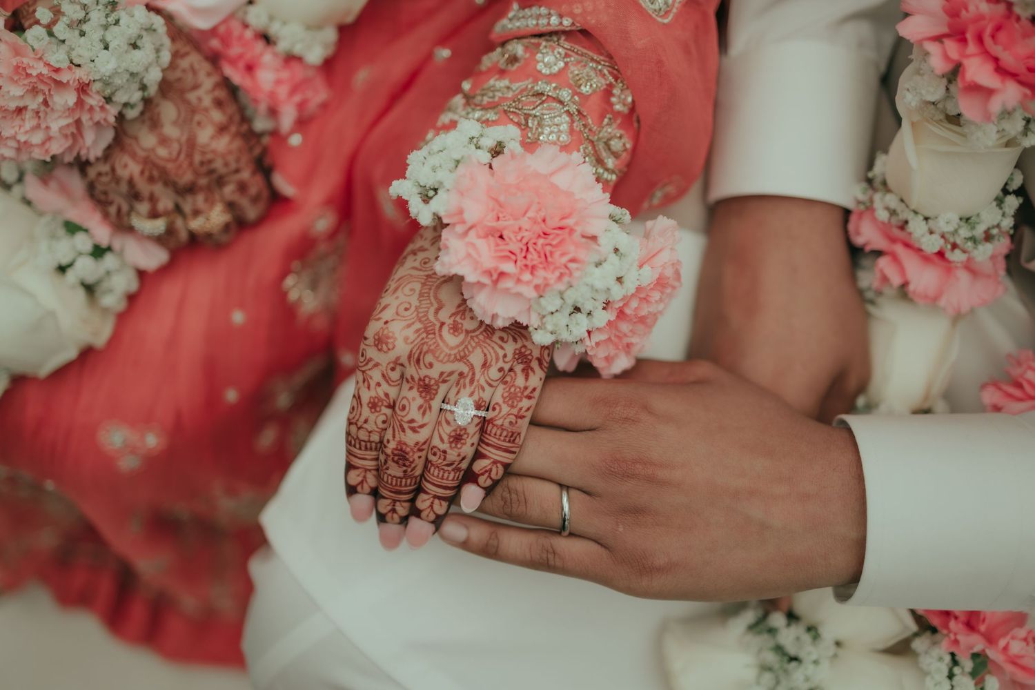 Detailed shot of intricate henna designs on hands adorned with wedding jewelry.