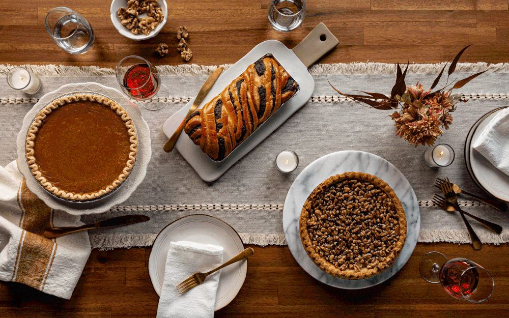 Stop motion animation displaying overhead view of holiday dessert items being finished and plated captured by Los Angeles food photographer.