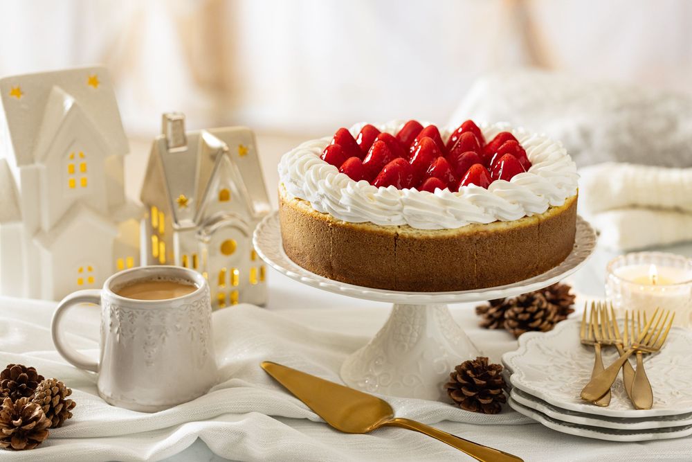 Winter scene featuring a cheesecake topped with fresh strawberries captured by Los Angeles food photographer.