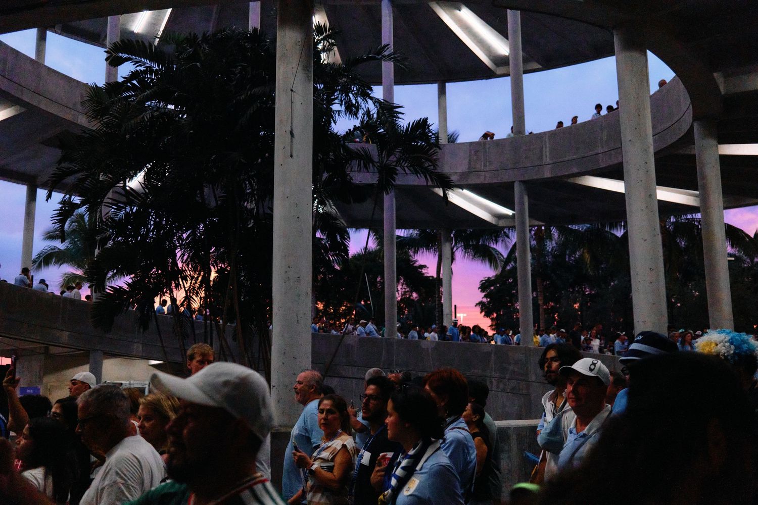 Crowd of fans gathered at an outdoor stadium venue at dusk with colorful pink sunset sky visible.