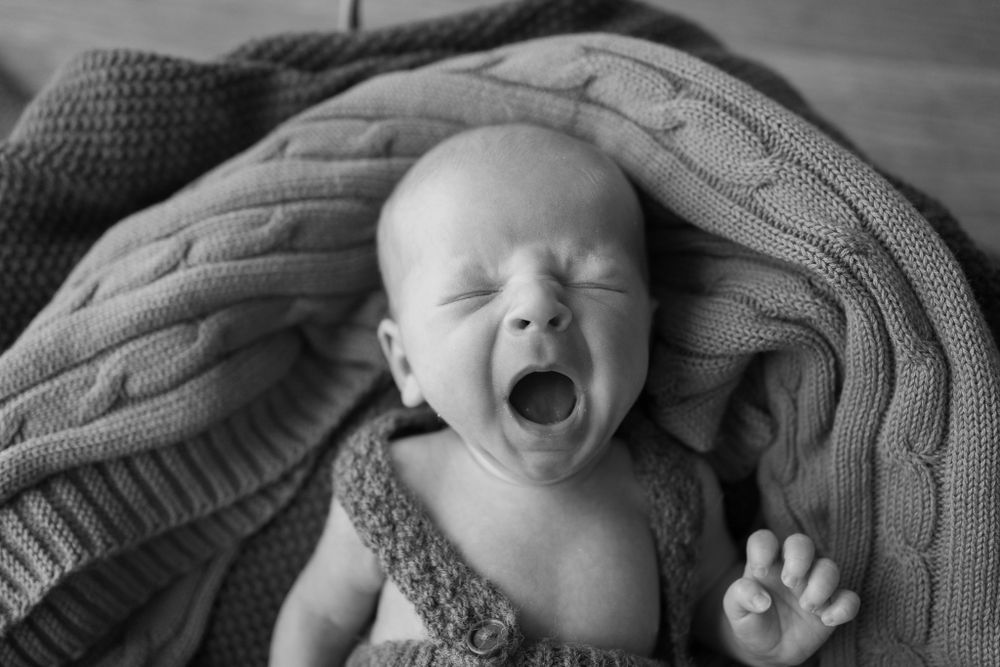 Black and white portrait of newborn baby wrapped in knit blanket.