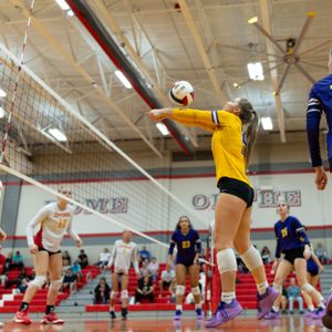 Volleyball player in yellow jersey jumps to spike ball during indoor match with white and blue uniformed players nearby.