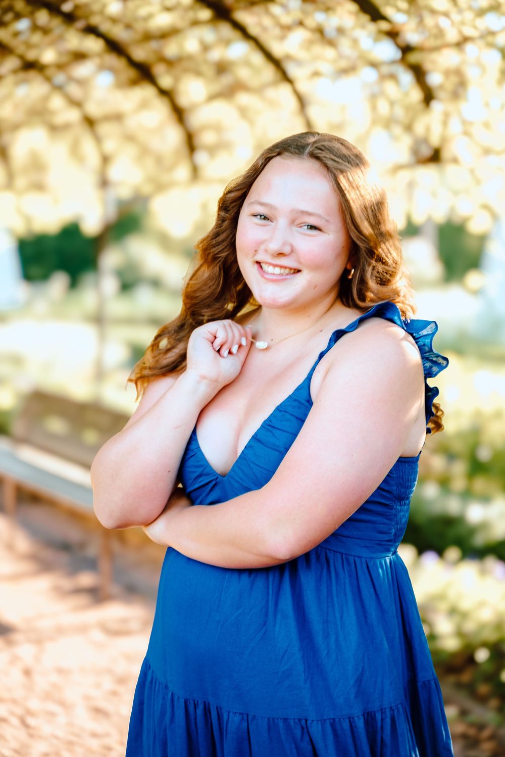 Series of candid moments captured in a bright outdoor setting with subject wearing a blue sundress.