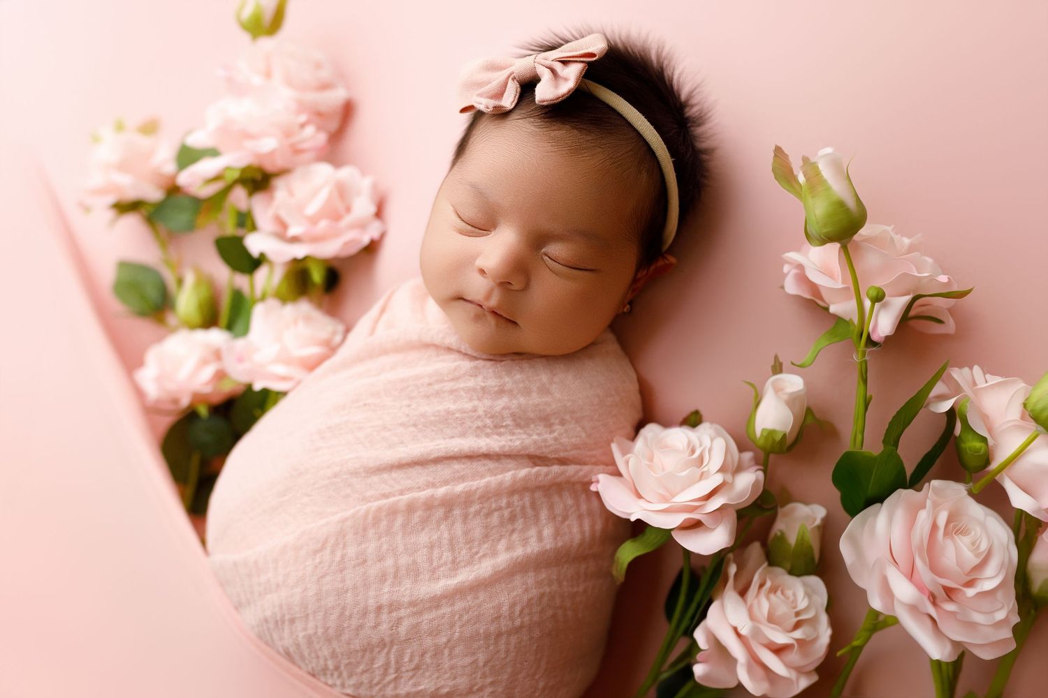 A sleeping newborn baby wrapped in pink swaddle blanket lies surrounded by delicate pink roses on a soft pink backdrop.