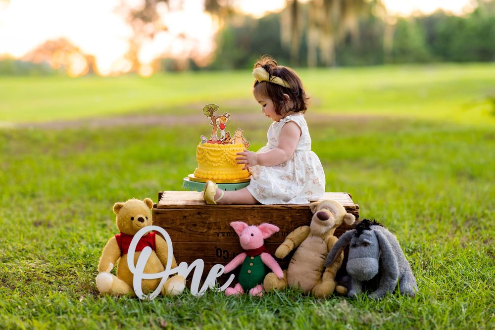 Toddler girl in white dress celebrates first birthday with Winnie the Pooh themed cake and stuffed animals outdoors.