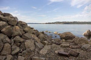 branded stock photo for mental health business water front in Tacoma, WA rocks and water line