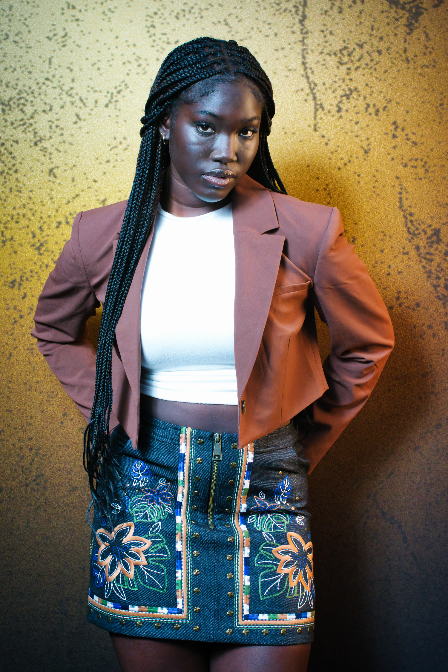 A series of fashion shots featuring a brown blazer paired with an embroidered corset belt against a textured golden background.