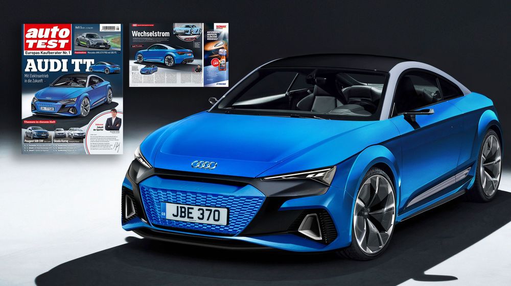 Blue Audi TT concept car rendering shown against dark background with auto magazine covers visible in corner.
