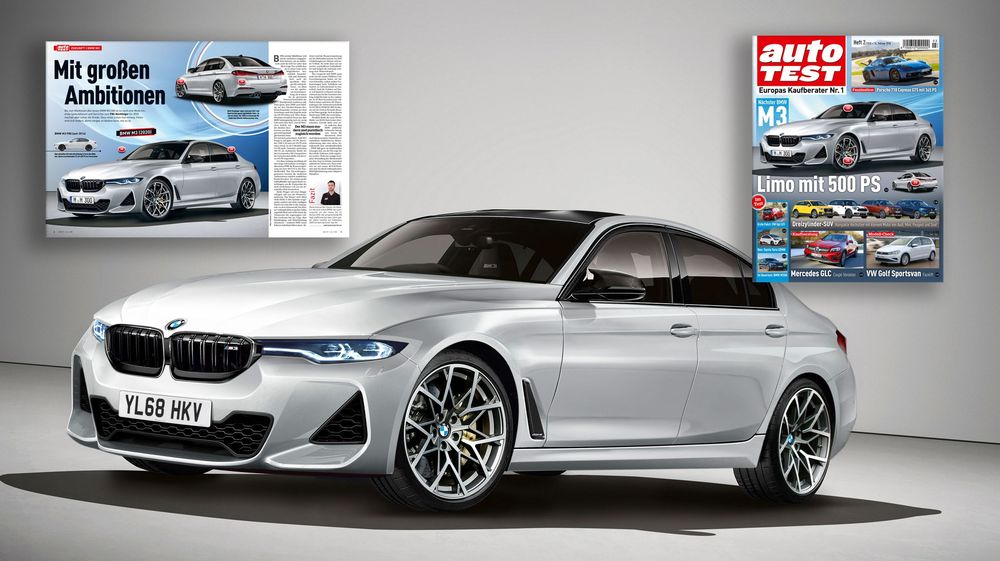 Silver 2024 BMW luxury sports sedan concept rendering shown alongside automotive magazine covers on grey background.