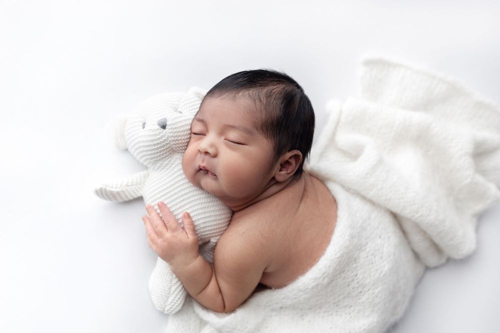 Peaceful newborn baby sleeping wrapped in white knit blanket hugging a soft white stuffed animal toy.