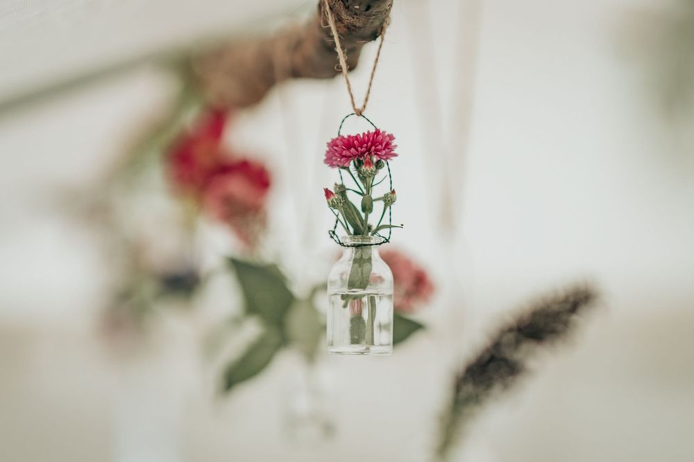 Hængende blomsterdekoration i lille glasflaske – fotograferet af CHH_foto i Nordsjælland