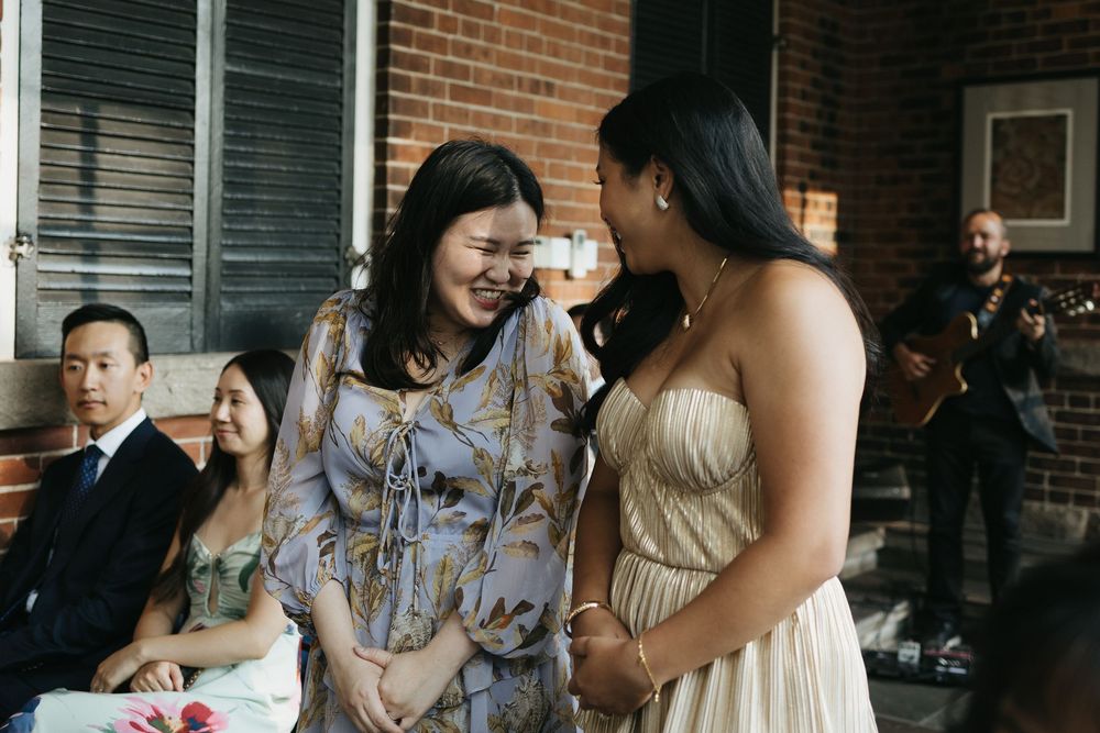 A series of candid moments captured at a wedding celebration with guests mingling and interacting at Langdon Hall