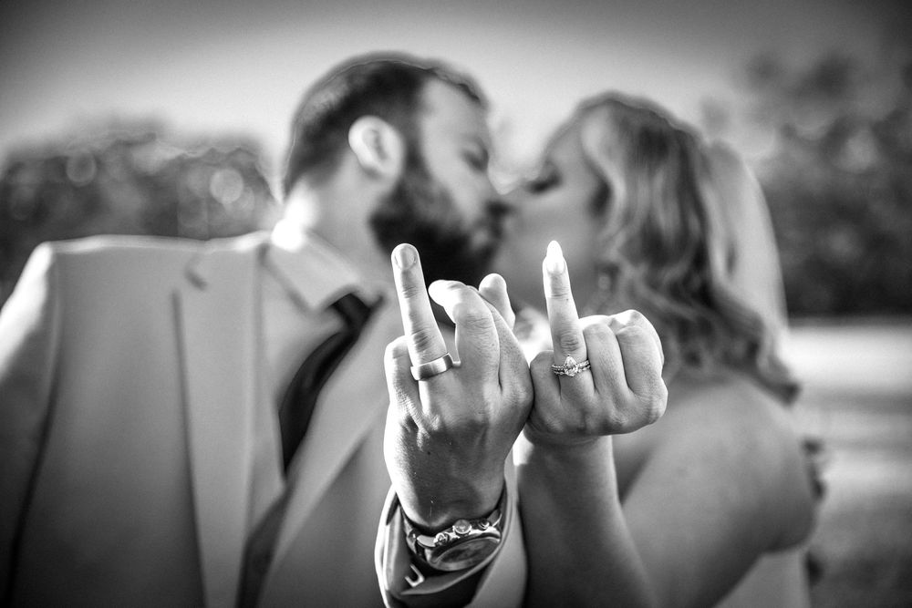 Close-up candid shots of wedding party members making celebratory gestures.