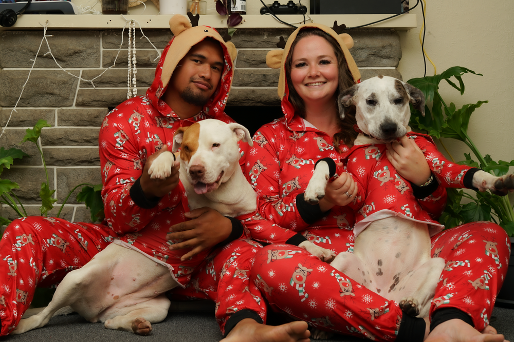 Family wearing matching red Christmas pajamas poses with their white dogs.