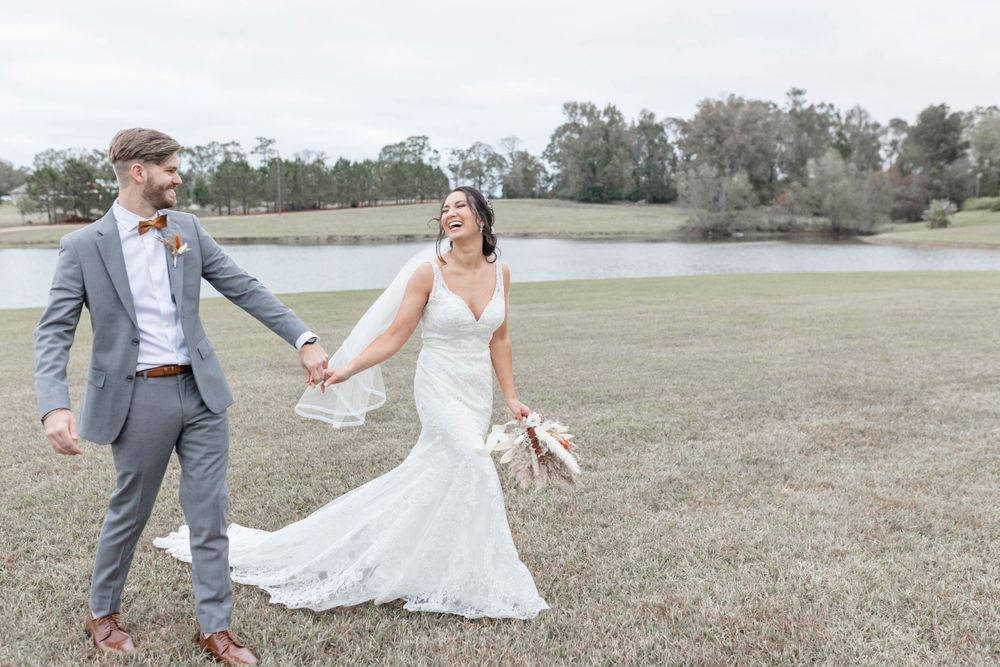 bride and groom walk together