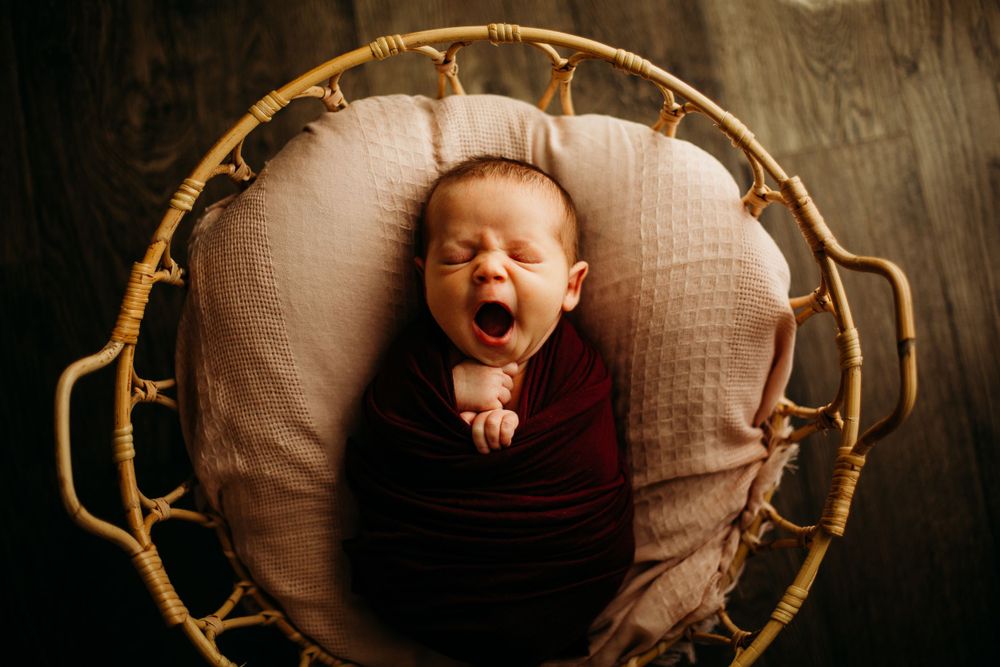 A baby swaddled in a basket yawning