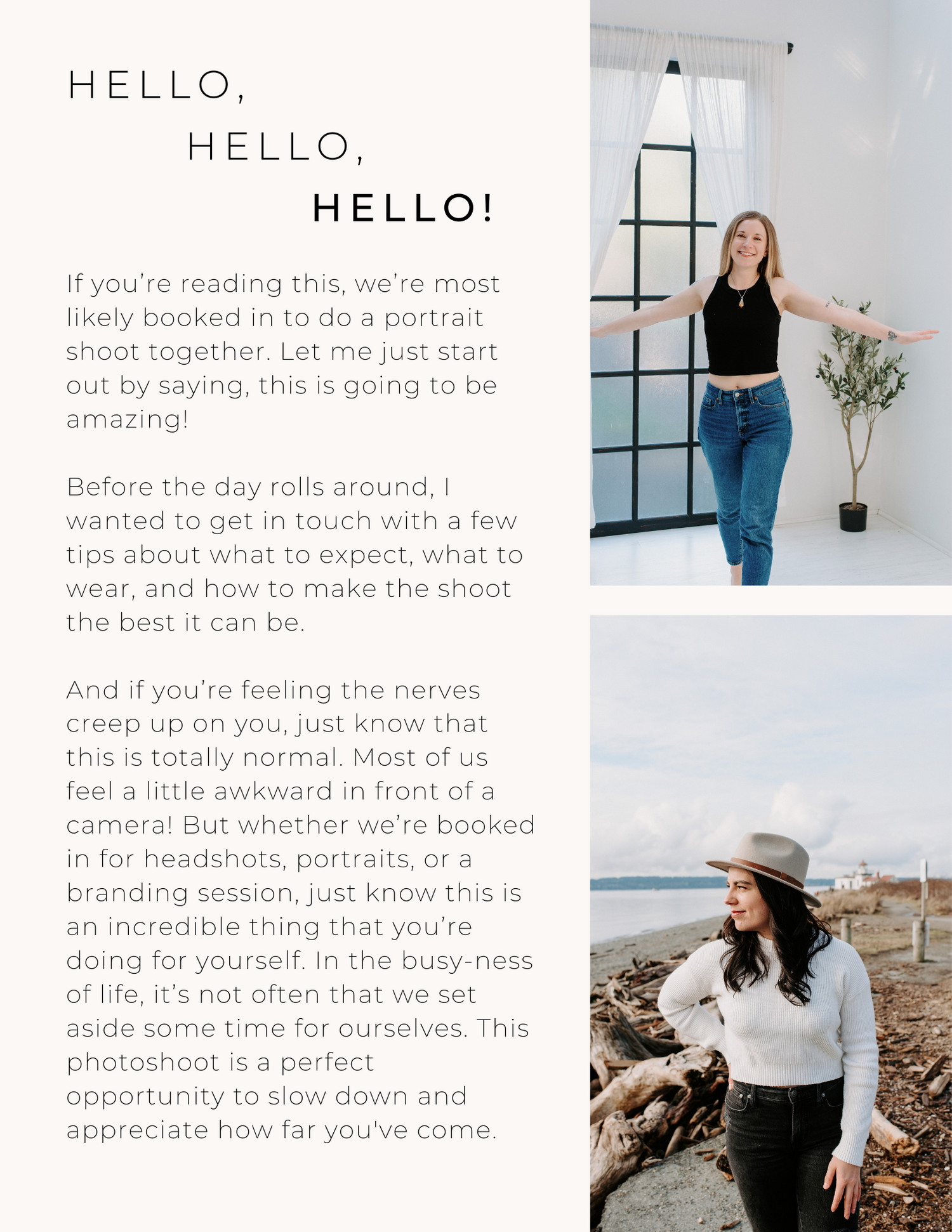 A collection of welcome text and introduction snippets for a photography website layout.