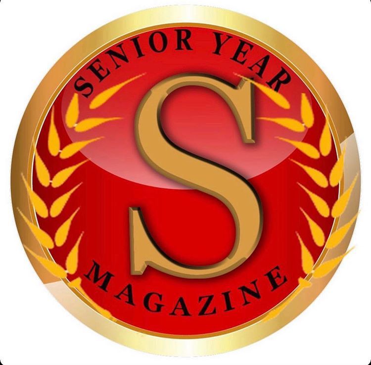 Red and gold circular emblem design for Senior Year Magazine with laurel wreath accents.