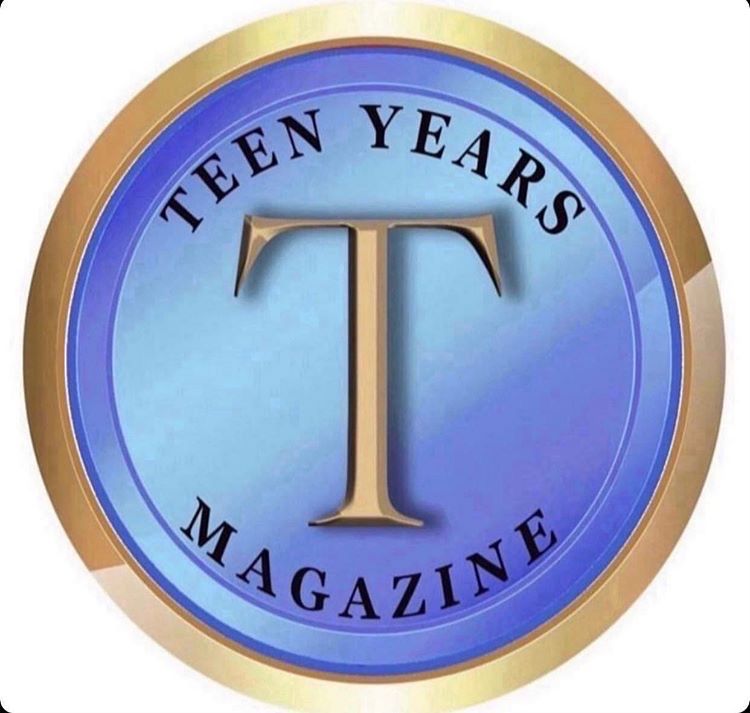 Circular blue and gold emblem for Teen Years Magazine with a large letter T in the center.