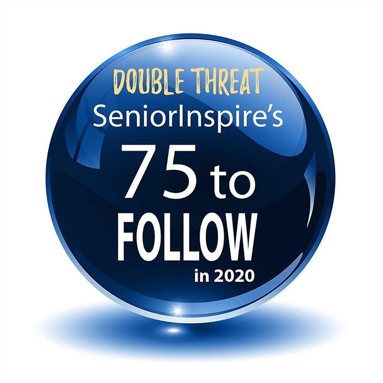 Blue glossy circular badge for SeniorInspire's 75 photographers to follow in 2020.