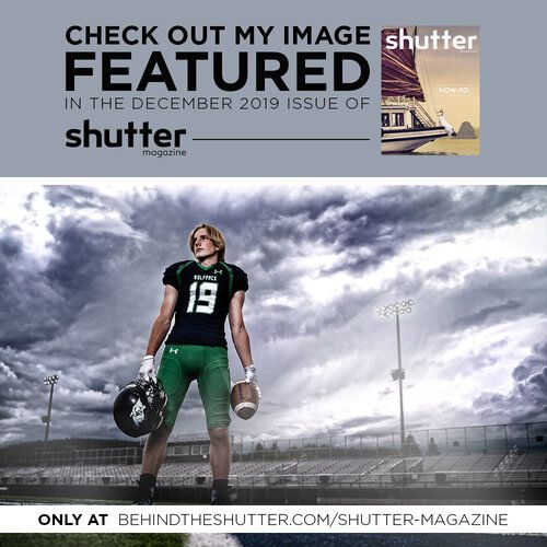 Football player in green jersey posing dramatically against stormy sky on field.