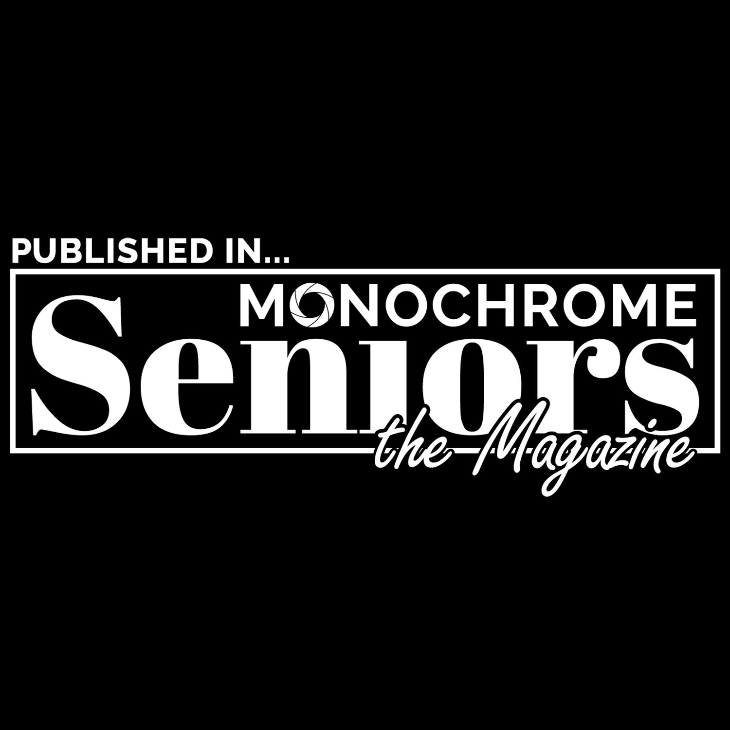 Black and white logo for Monochrome Seniors Magazine with elegant typography.
