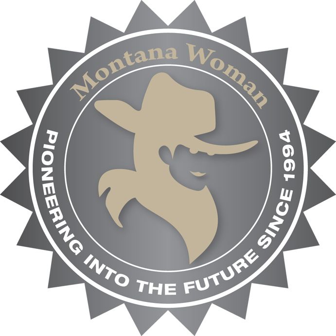 Grey circular emblem featuring a silhouette of a woman in a cowboy hat with Montana Woman text.