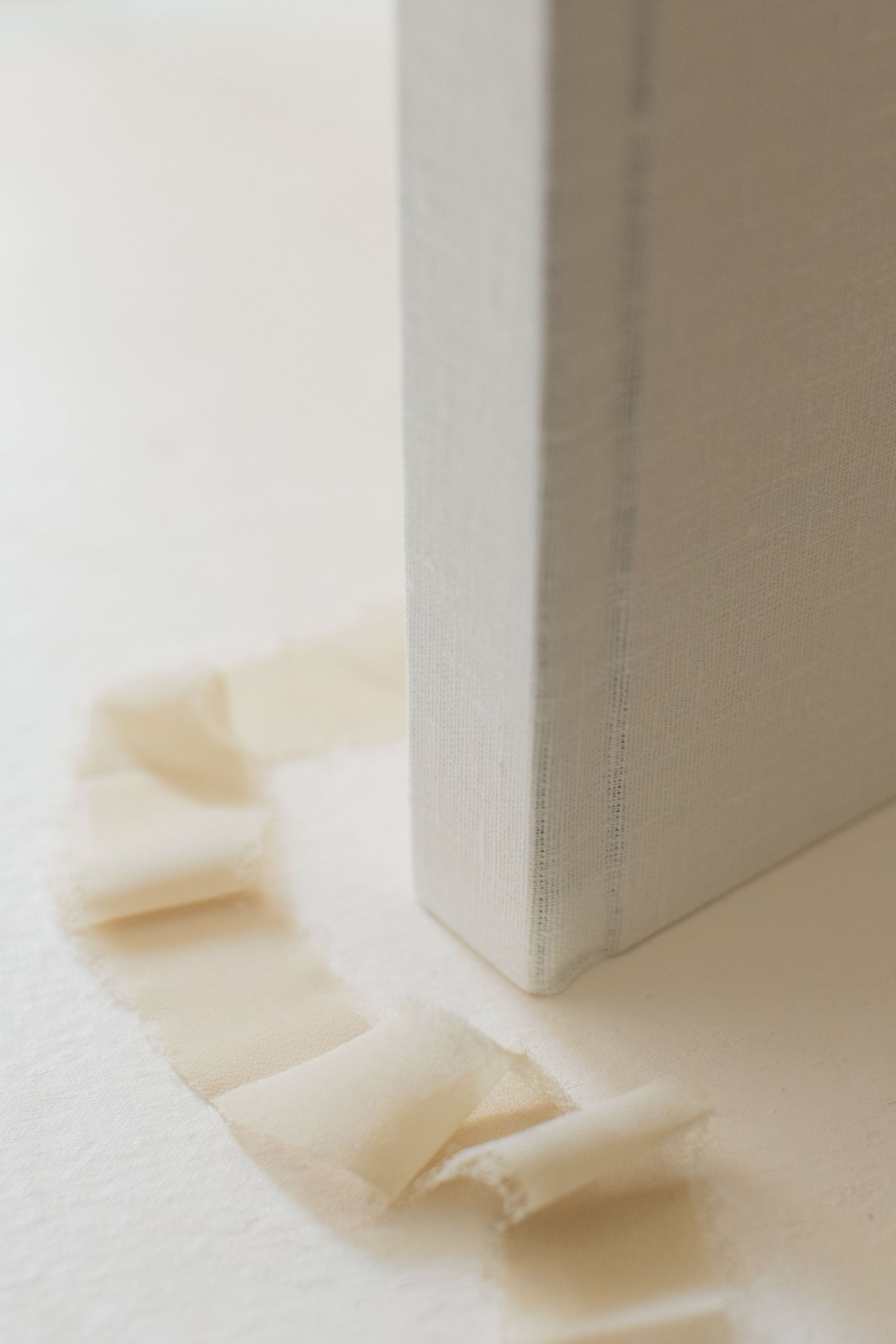 Close-up of white album spine with cream fabric backdrop showing textural detail.