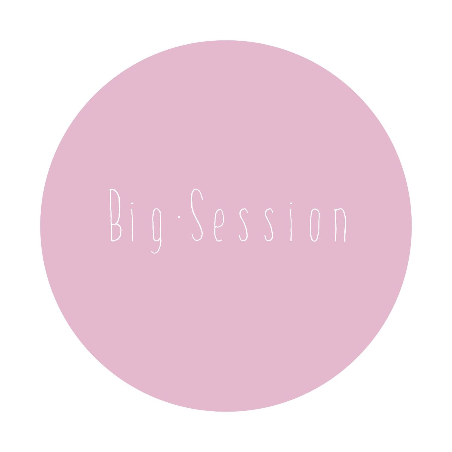 Pink circular logo design with text reading 'Big Session' in white lettering.
