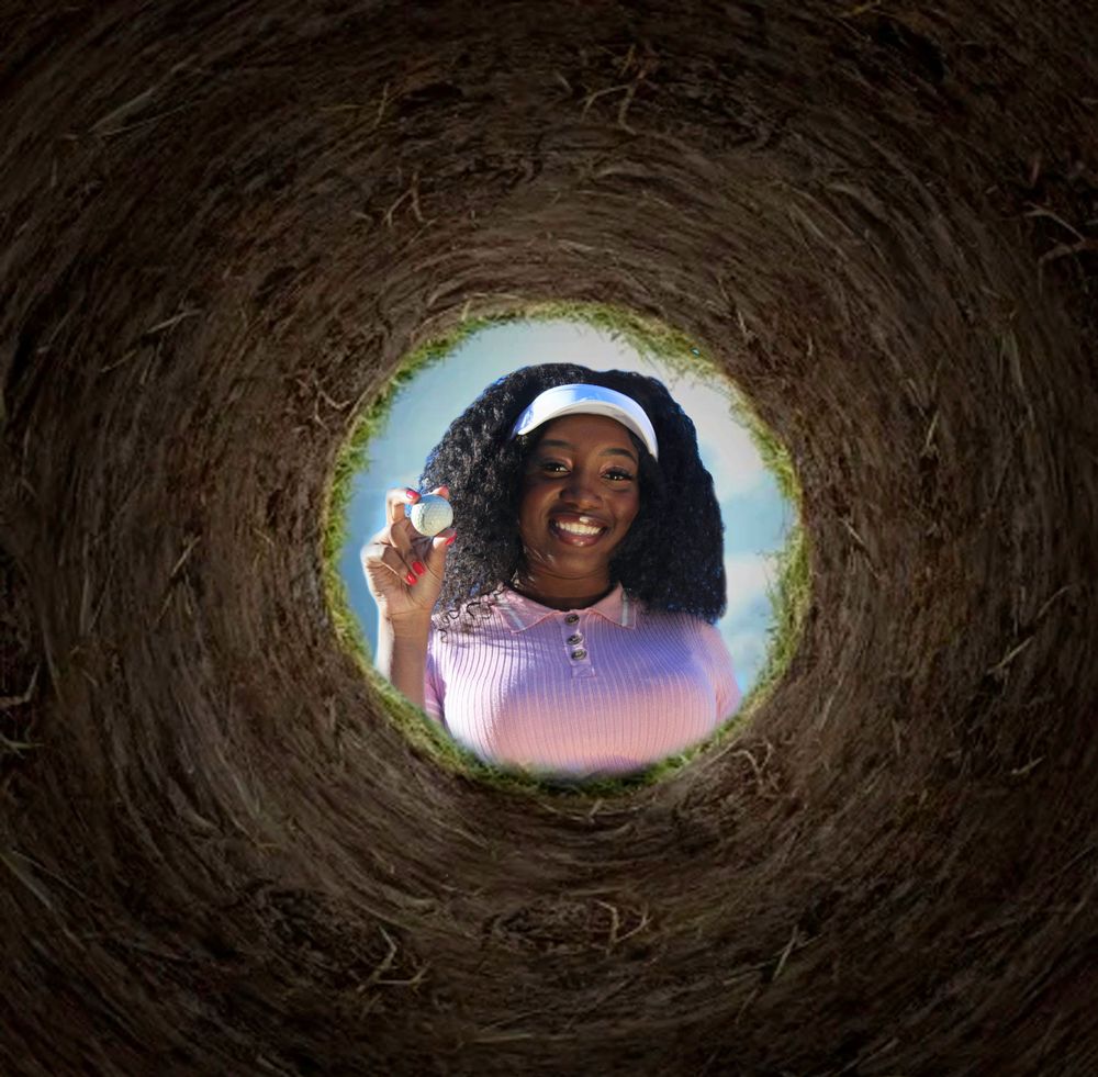 Creative circular photo taken through a tunnel showing a joyful expression against the sky.